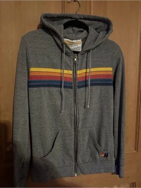 Aviator Nation Gray Zip Hoodie with Yellow Orange Red and Navy Stripes